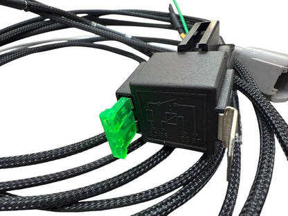 Universal fuel pump relay wiring harness for engine, by JackSpania Racing, showing detailed electrical connectors and wiring setup.