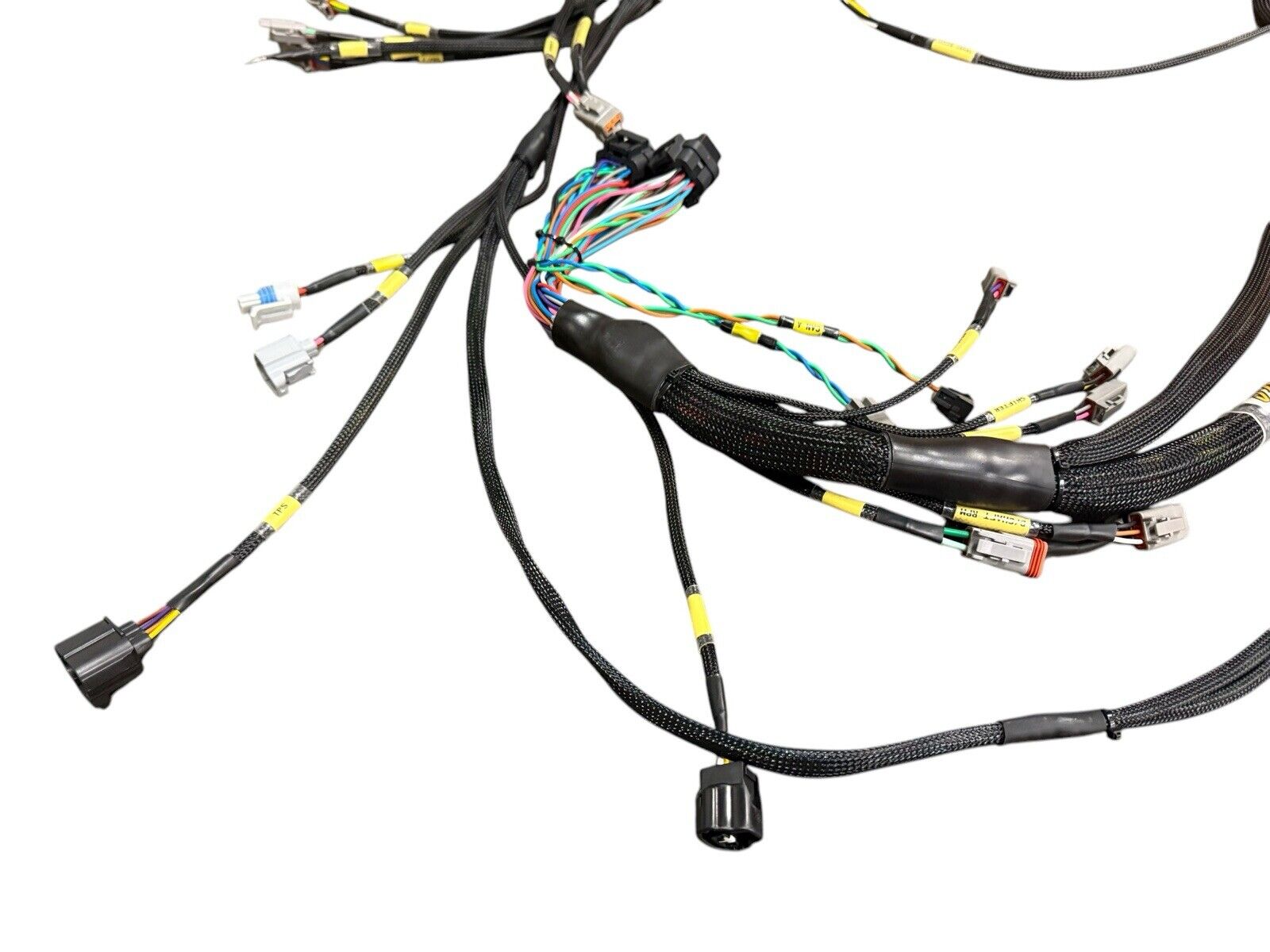 Engine wiring harness for Fueltech FT550 by JackSpania Racing, compatible with 2JZGTE, VVTi, and EV1 engine systems.