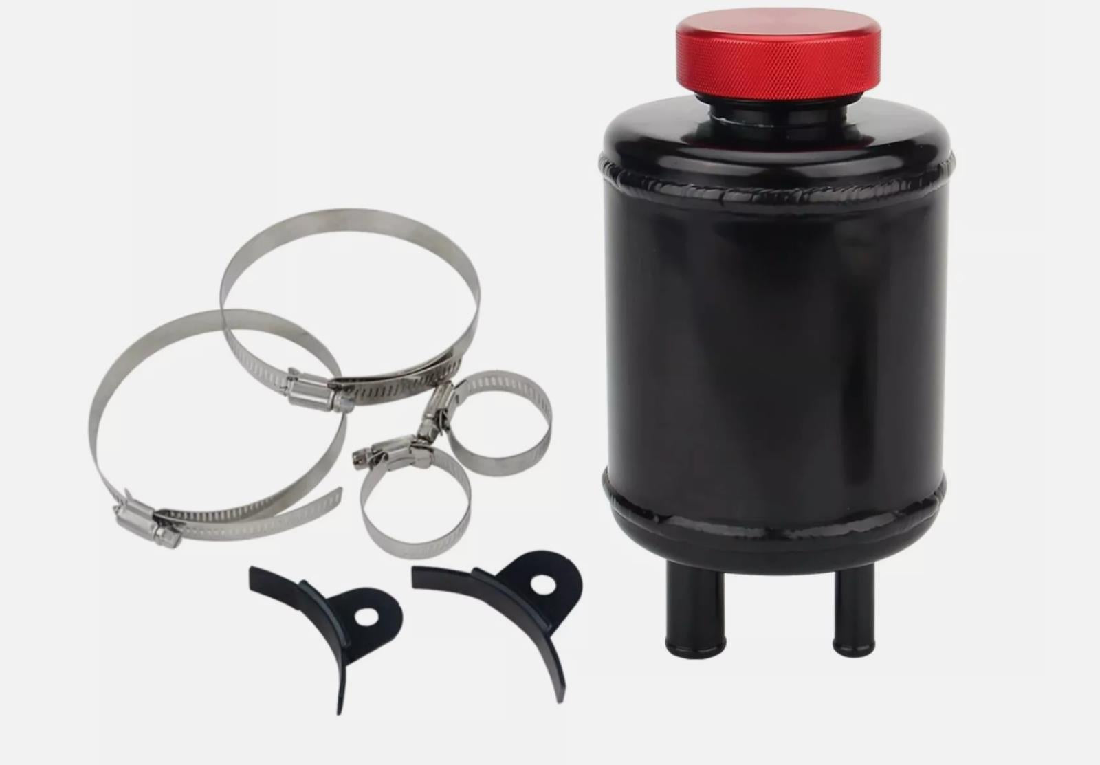JackSpania Racing billet aluminum power steering tank reservoir with cap and universal bracket for suspension systems.