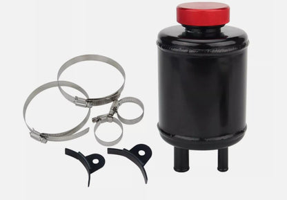 JackSpania Racing billet aluminum power steering tank reservoir with cap and universal bracket for suspension systems.