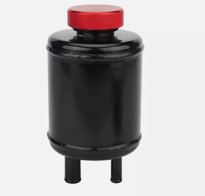 JackSpania Racing billet aluminum power steering tank reservoir with cap and universal bolt-on bracket, suspension part for vehicles.