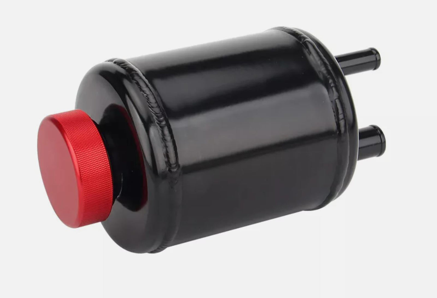 JackSpania Racing billet aluminum power steering tank reservoir with cap and universal bracket for suspension system.