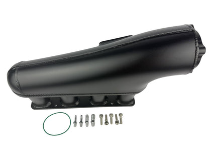 70mm aluminum intake manifold for Mazda MX-5 Miata NC 2.5L engine, by JackSpania Racing, showing the metal construction and mounting points.