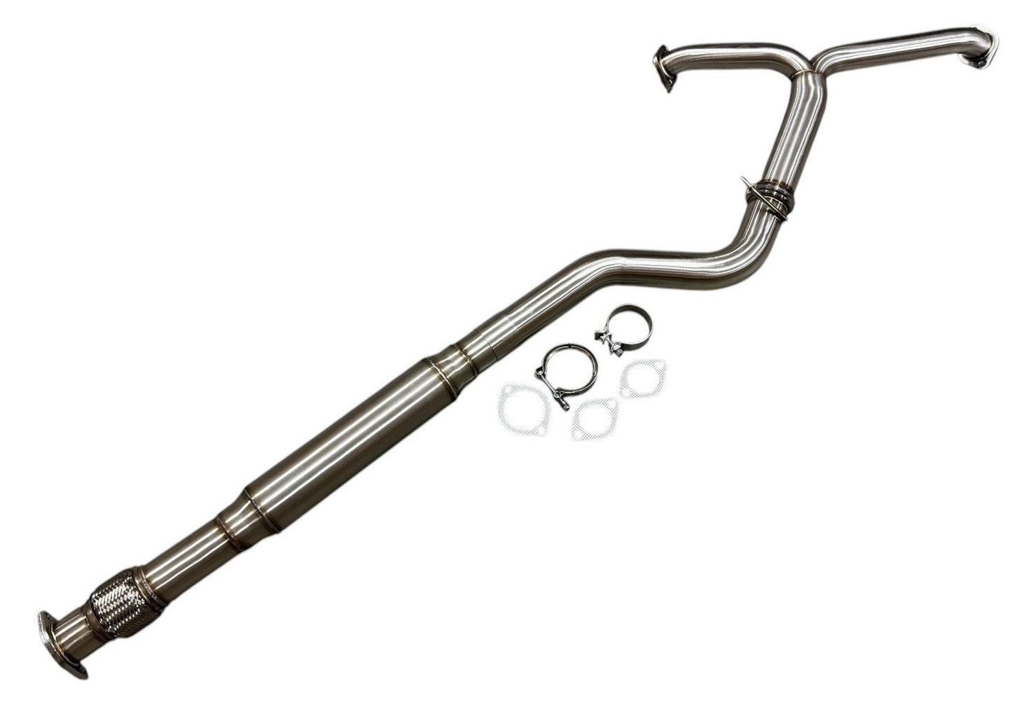3-inch resonated high flow exhaust mid pipe for Subaru WRX STi 2015-2025 by JackSpania Racing, showing the polished metal pipe.