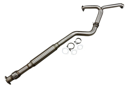 3-inch resonated high flow exhaust mid pipe for Subaru WRX STi 2015-2025 by JackSpania Racing, showing the polished metal pipe.