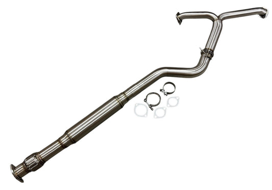 3-inch resonated high flow exhaust mid pipe for Subaru WRX STi 2015-2025 by JackSpania Racing, showing the polished metal pipe.