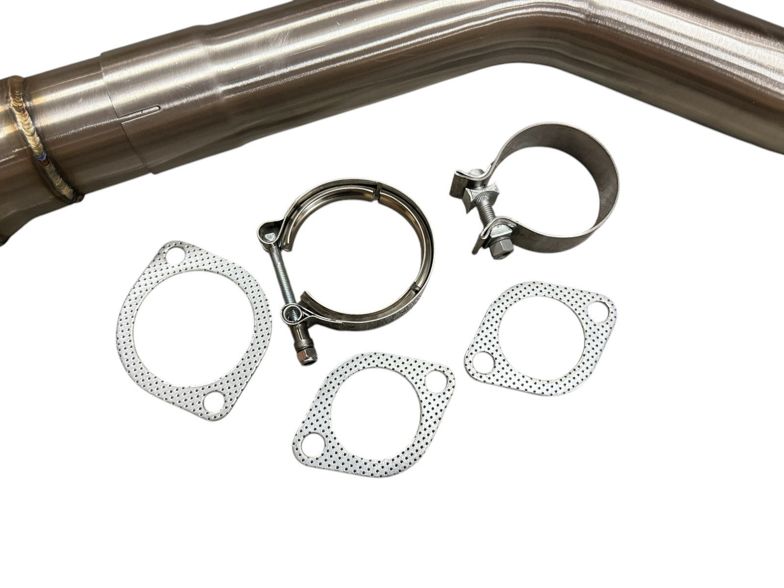 High flow 3-inch resonated exhaust mid pipe for Subaru WRX STI 2015-2025 by JackSpania Racing, shows polished metal and connection points.