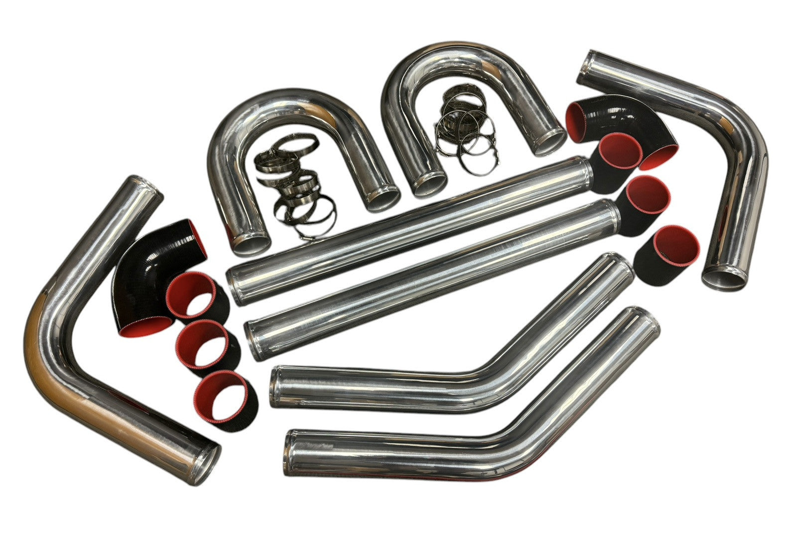 Universal aluminum intercooler turbo piping kit with silicone clamps, 2.5 and 3 inches, by JackSpania Racing for engine upgrades.