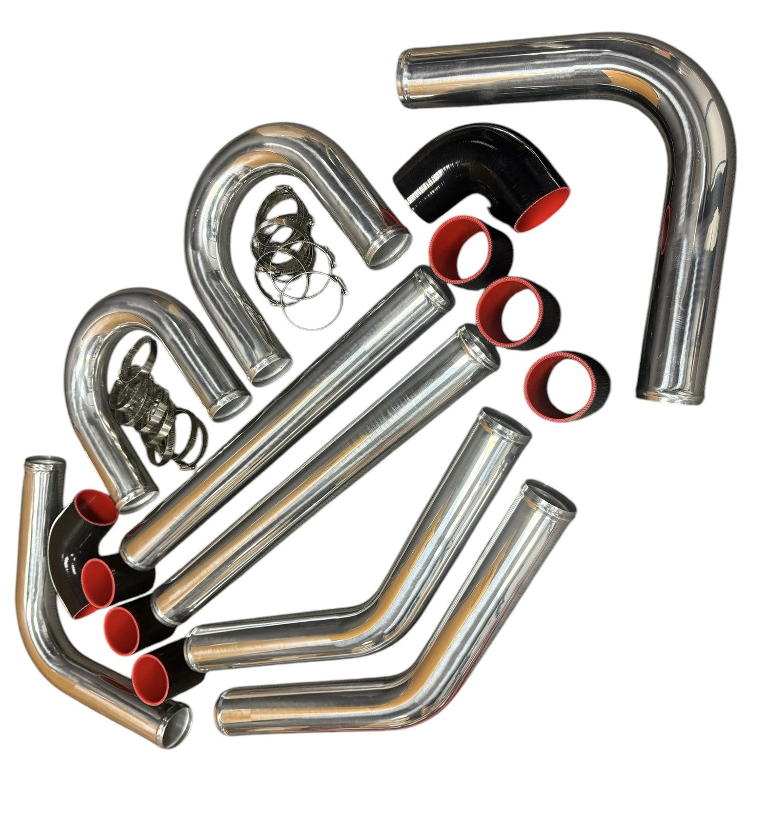 Universal aluminum intercooler turbo piping kit with silicone clamps, 2.5 and 3 inch size, for engine performance by JackSpania Racing.