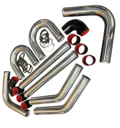 Universal aluminum intercooler turbo piping kit with silicone clamps, 2.5 and 3 inch size, for engine performance by JackSpania Racing.