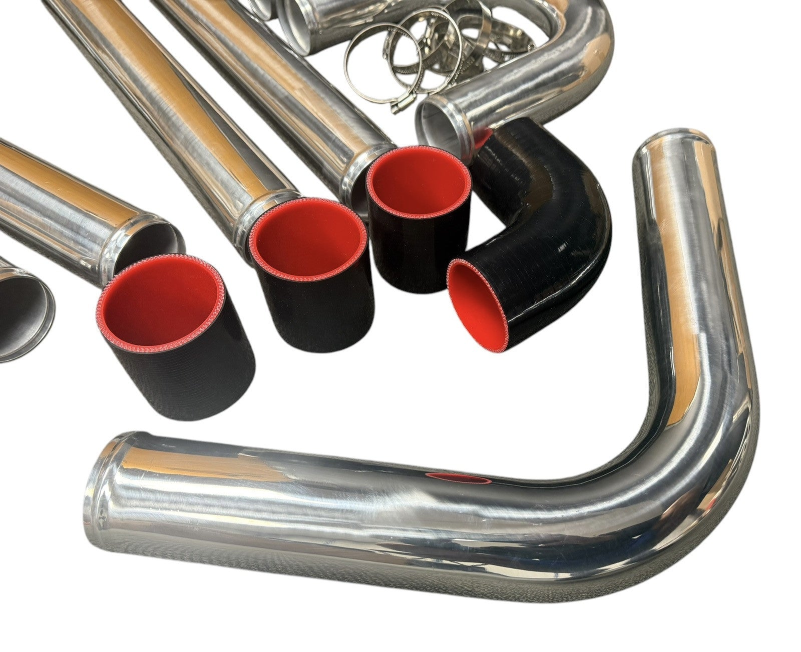 Universal 2.5" and 3" aluminum intercooler turbo piping kit with silicone clamps by JackSpania Racing for engine performance.