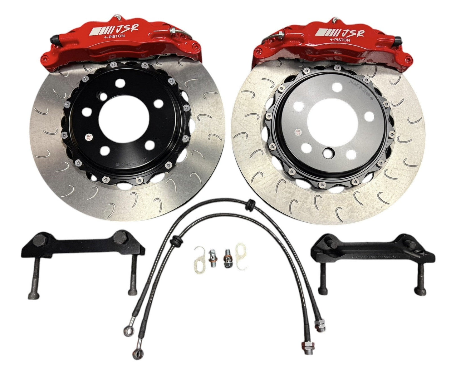 Interior view of JackSpania Racing Big Brake Kit with 2-piece drilled rotors and 4-piston calipers for BMW E46 2001-2006