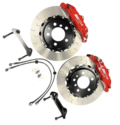 Interior view of JackSpania Racing Big Brake Kit with 2-piece drilled rotors and 4-piston calipers for BMW E46 2001-2006.