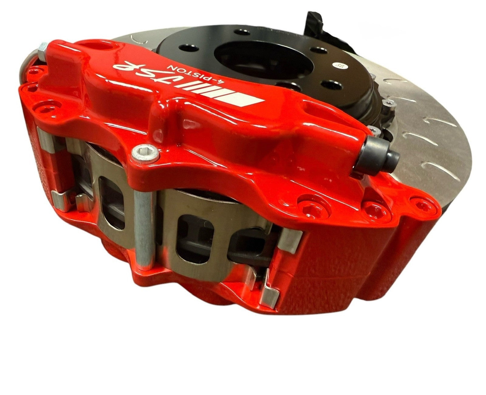 Interior view of JackSpania Racing Big Brake Kit with 2-piece drilled rotor and 4-piston caliper for BMW E46 2001-2006