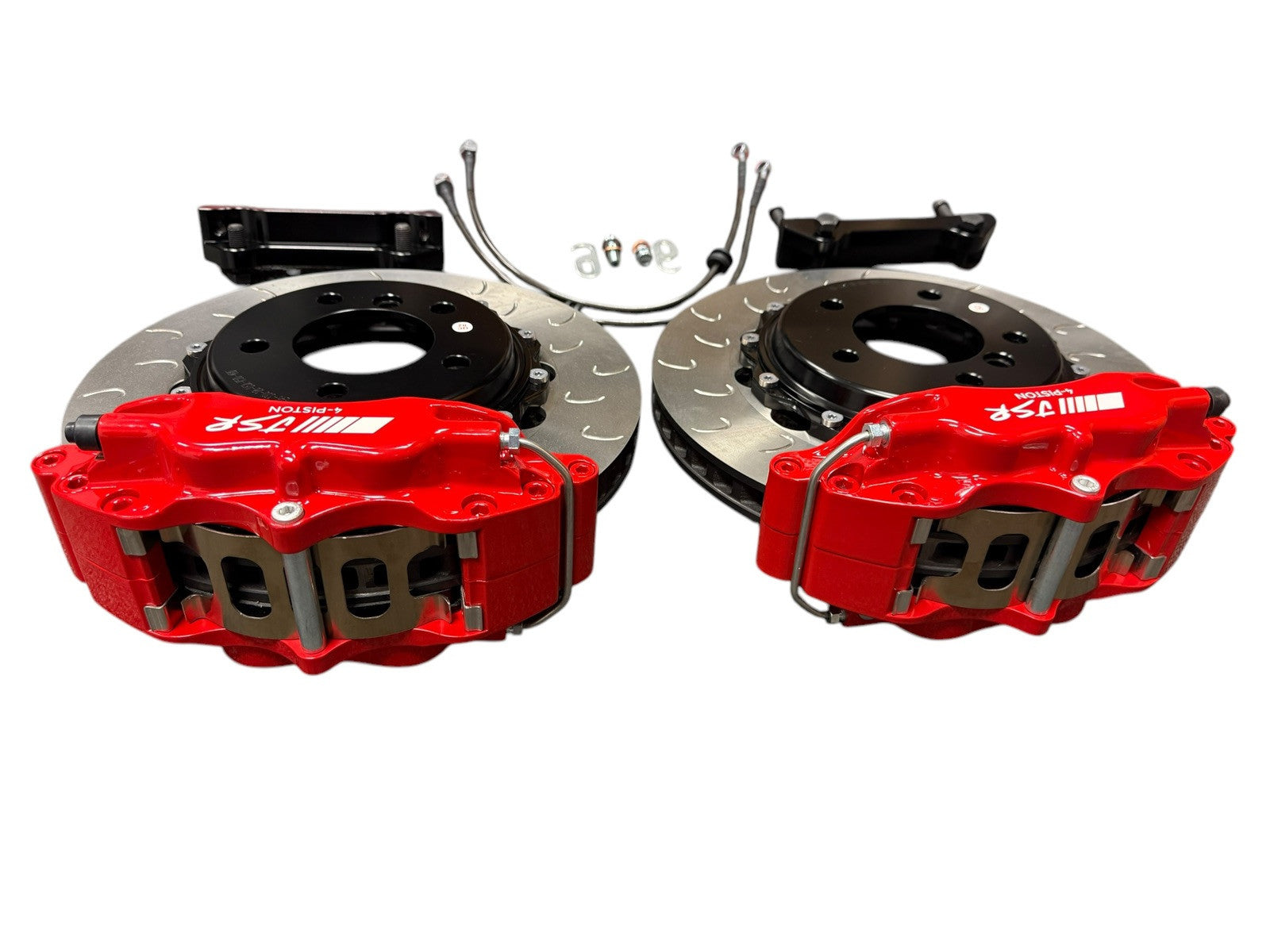 Interior view of JackSpania Racing Big Brake Kit with drilled rotors and 4-piston calipers for BMW E46 2001-2006.