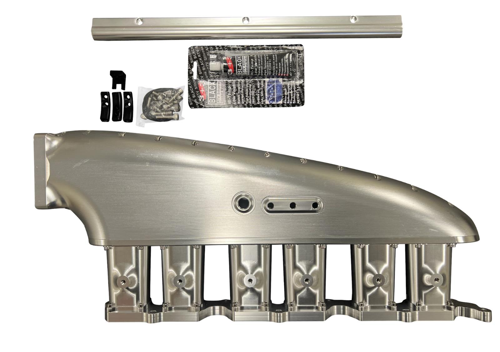 JackSpania Racing 2JZGE intake manifold with 12 injector fuel rail and throttle body for engine performance.
