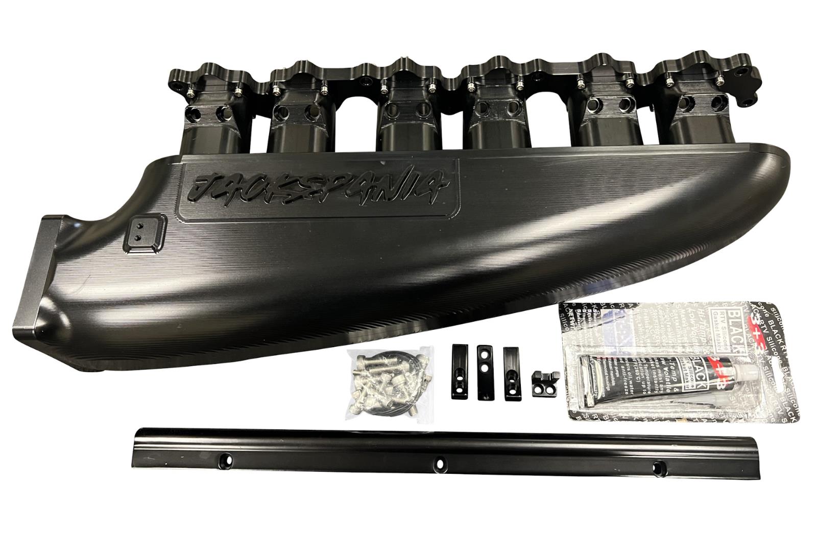 JackSpania Racing 2JZGE intake manifold with 12 injector fuel rail and throttle body for engine performance enhancement.