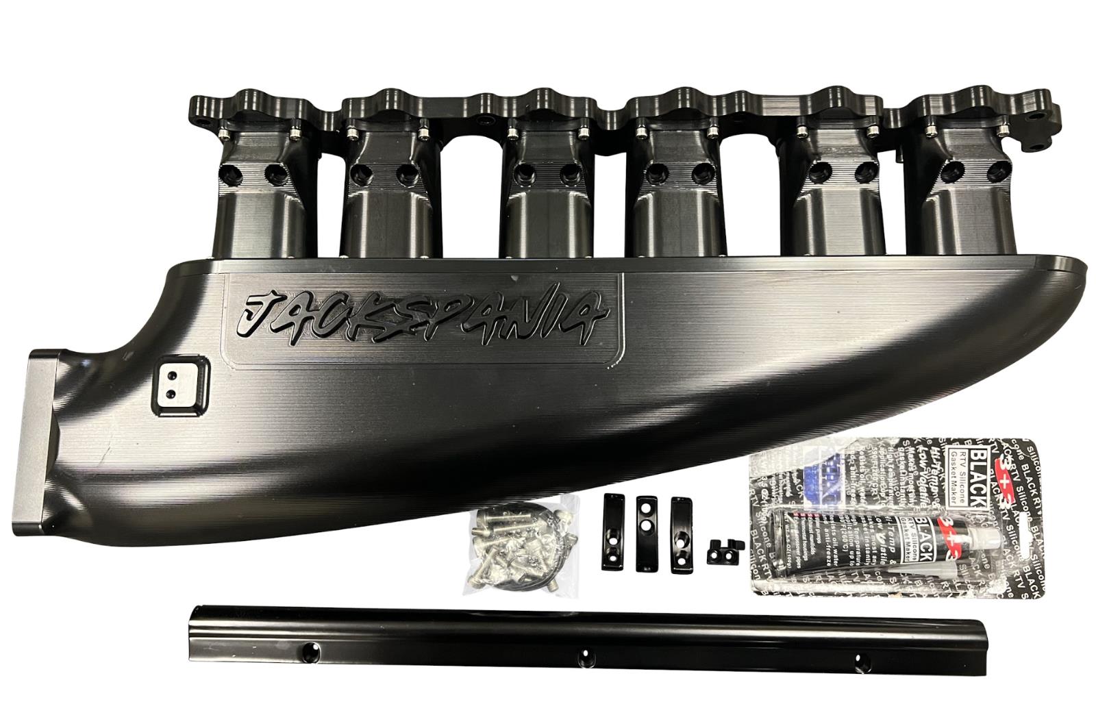JackSpania Racing 2JZGE intake manifold with 12 injector fuel rail and throttle body for engine performance and tuning.