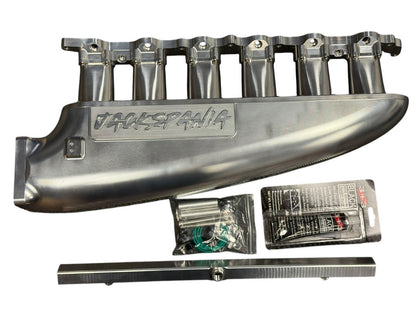 JackSpania Racing fully billet 2JZGE intake manifold with 6-injector fuel rail and throttle body for 2JZ GE engine parts.