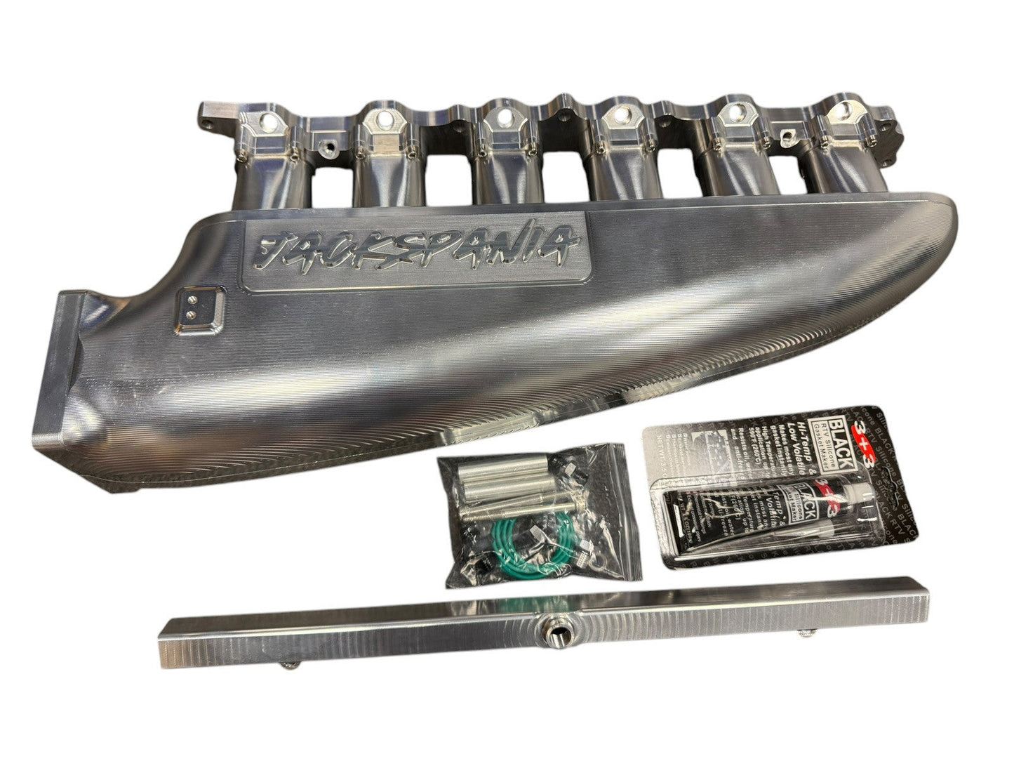 JackSpania Racing 2JZGE intake manifold with 6-injector fuel rail and throttle body for engine performance.
