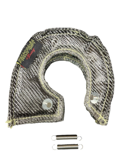 JackSpania Racing T3 Carbon Fiber Turbo Blanket heat shield barrier wrapping around a turbocharger in an engine bay.