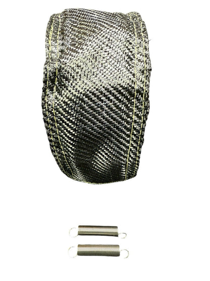 JackSpania Racing T3 Carbon Fiber Turbo Blanket heat shield barrier around turbocharger for engine protection and heat management.
