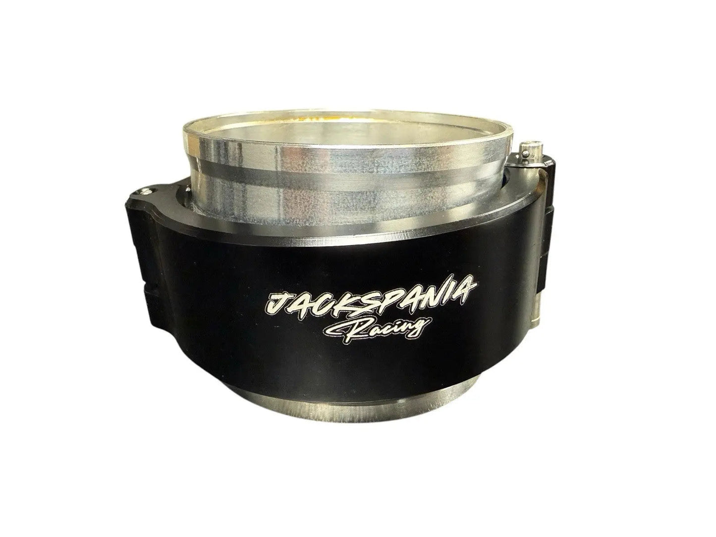 Jack Spania Racing aluminum V-band clamp kit for 2.5" and 3" intercooler pipes, featuring HD clamps for engine performance.