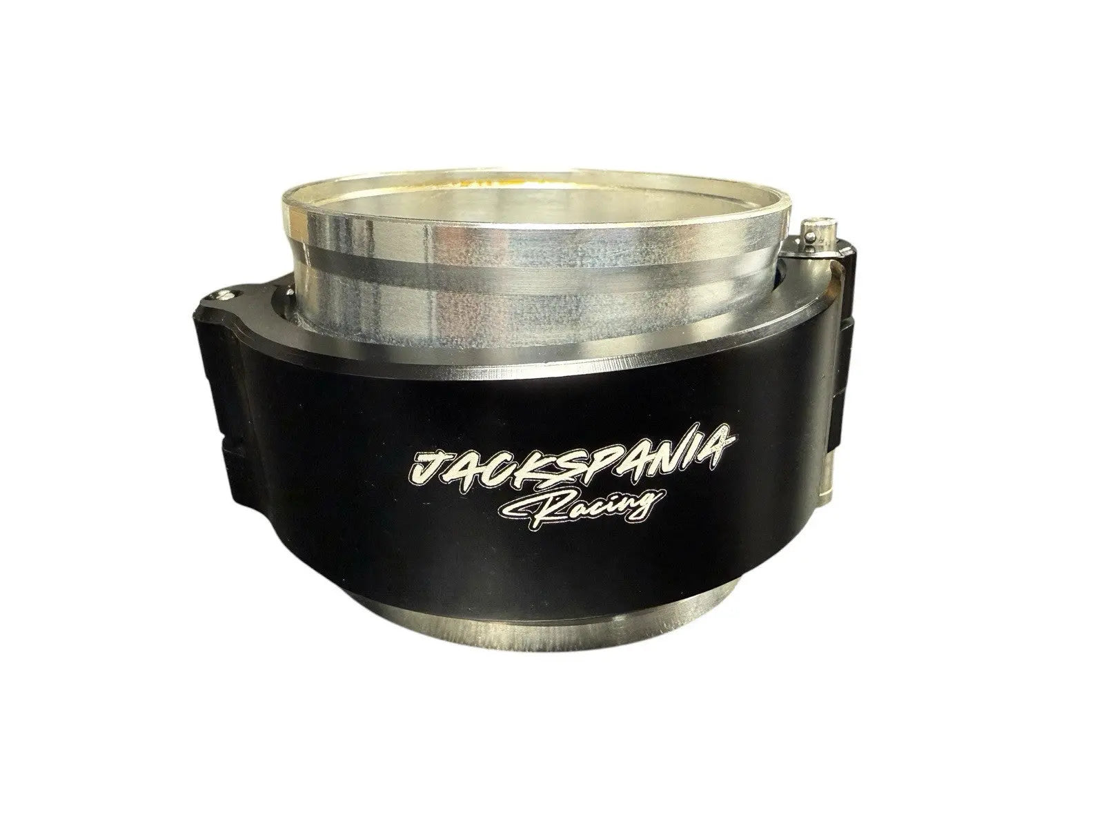 Jack Spania Racing aluminum V-band clamp kit for 2.5" and 3" intercooler pipes, featuring HD clamps for engine performance.