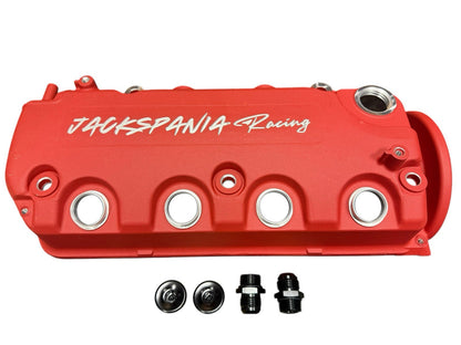 Vented D Series Honda engine valve cover with AN10 fittings, compatible with D15, D16, D16Y7, D16Y8, D16Z6, by JackSpania Racing