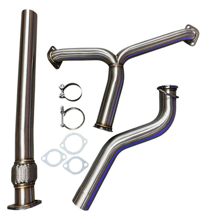 High flow 3-inch non-resonated exhaust mid pipe for Subaru WRX STi 2015-2025 by JackSpania Racing, showing the polished metal pipe.