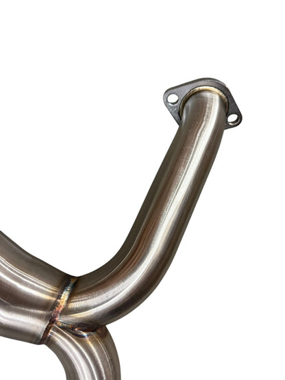 High flow 3-inch non-resonated exhaust mid pipe for Subaru WRX STi 2015-2025 by JackSpania Racing, shown in image.