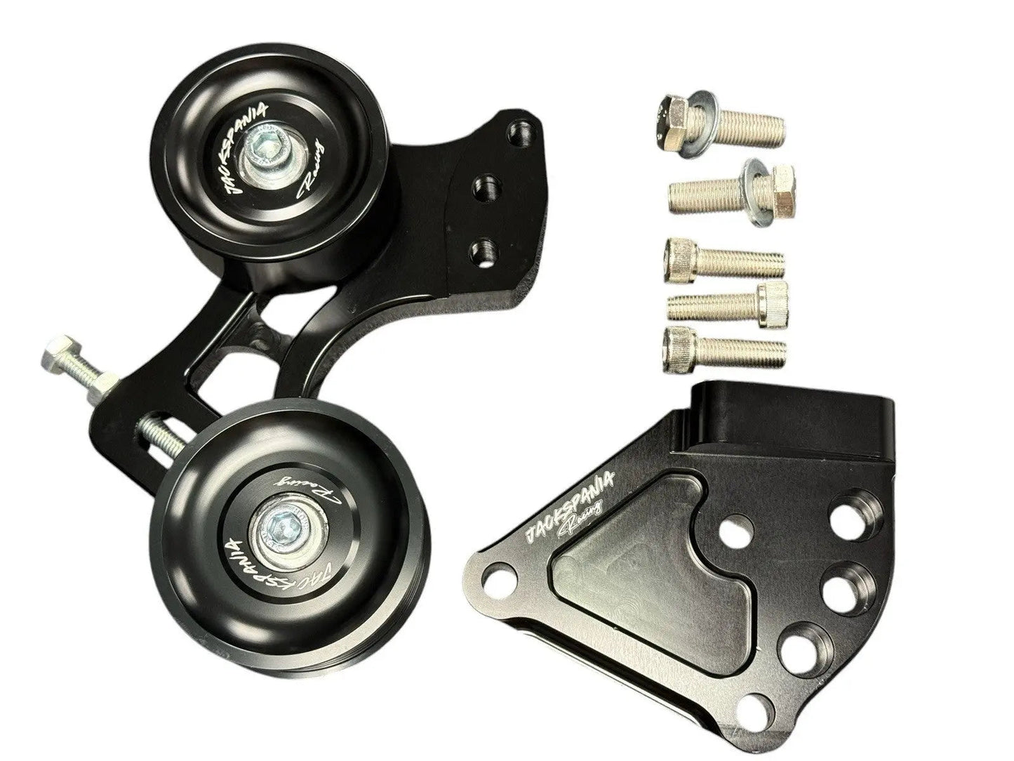 Jack Spania Racing K Series side mount pulley kit for Honda Acura K20 RSX EP3 DC5 K swap engine parts, shown on a vehicle engine.