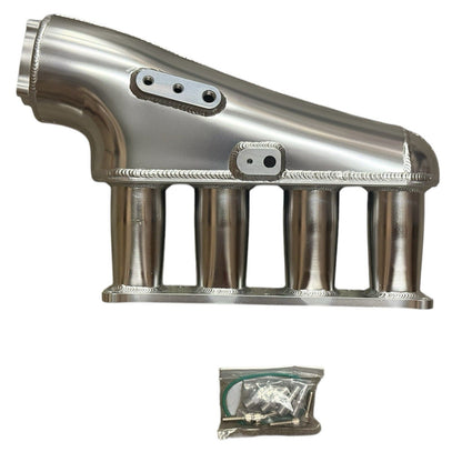 Aluminum intake manifold for Mazda MX-5 Miata NC 2.5L, 70mm sheetmetal engine part by JackSpania Racing, shown in close-up.