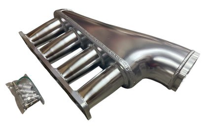 70mm sheetmetal aluminum intake manifold for Mazda MX-5 Miata NC 2.5L engine, by JackSpania Racing, shown installed on engine.