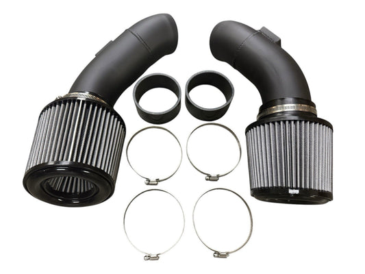 High flow cold air intake kit for BMW F10 M5 and F12 F13 F06 M6 S63TU engine, installed in a sleek engine bay.