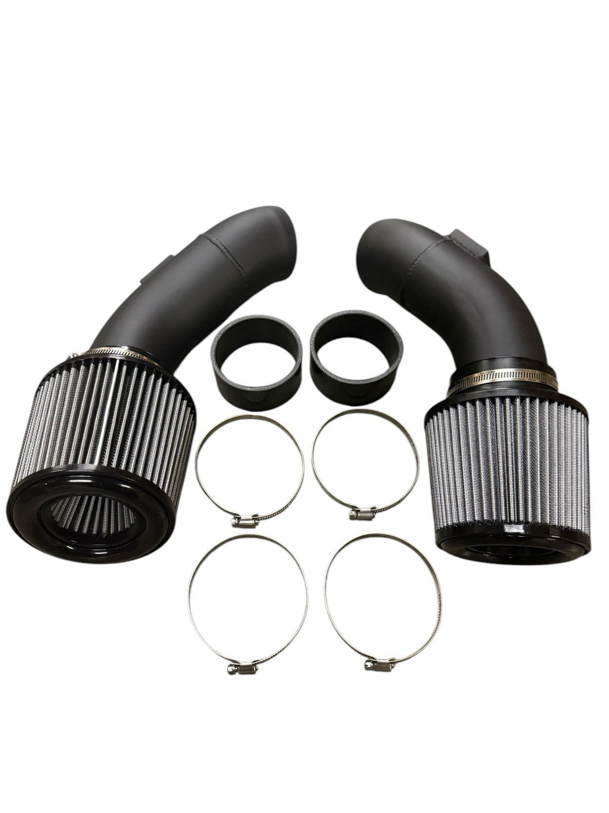 High flow cold air intake kit for BMW F10 M5, F12 F13 F06 M6 S63TU engine, by JackSpania Racing, with air filters and intake tubing.