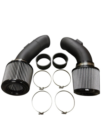 High flow cold air intake kit for BMW F10 M5, F12 F13 F06 M6 S63TU engine, by JackSpania Racing, with air filters and intake tubing.