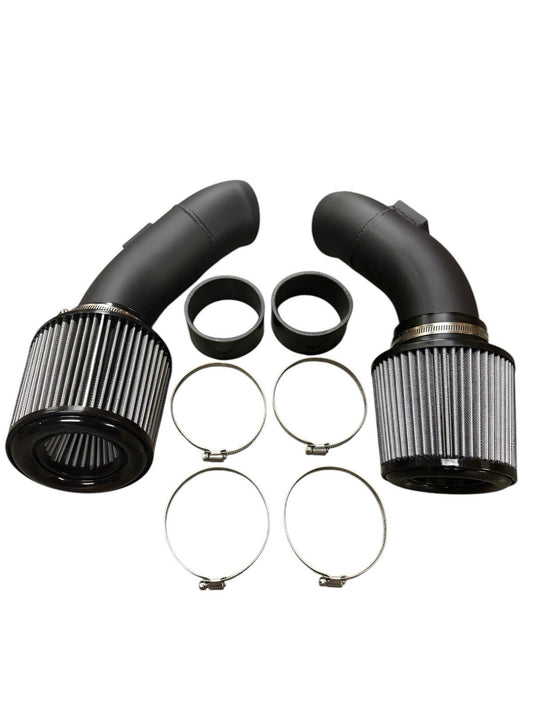 High flow cold air intake kit for BMW F10 M5, F12 F13 F06 M6 S63TU engine, by JackSpania Racing, with air filters and intake tubing.