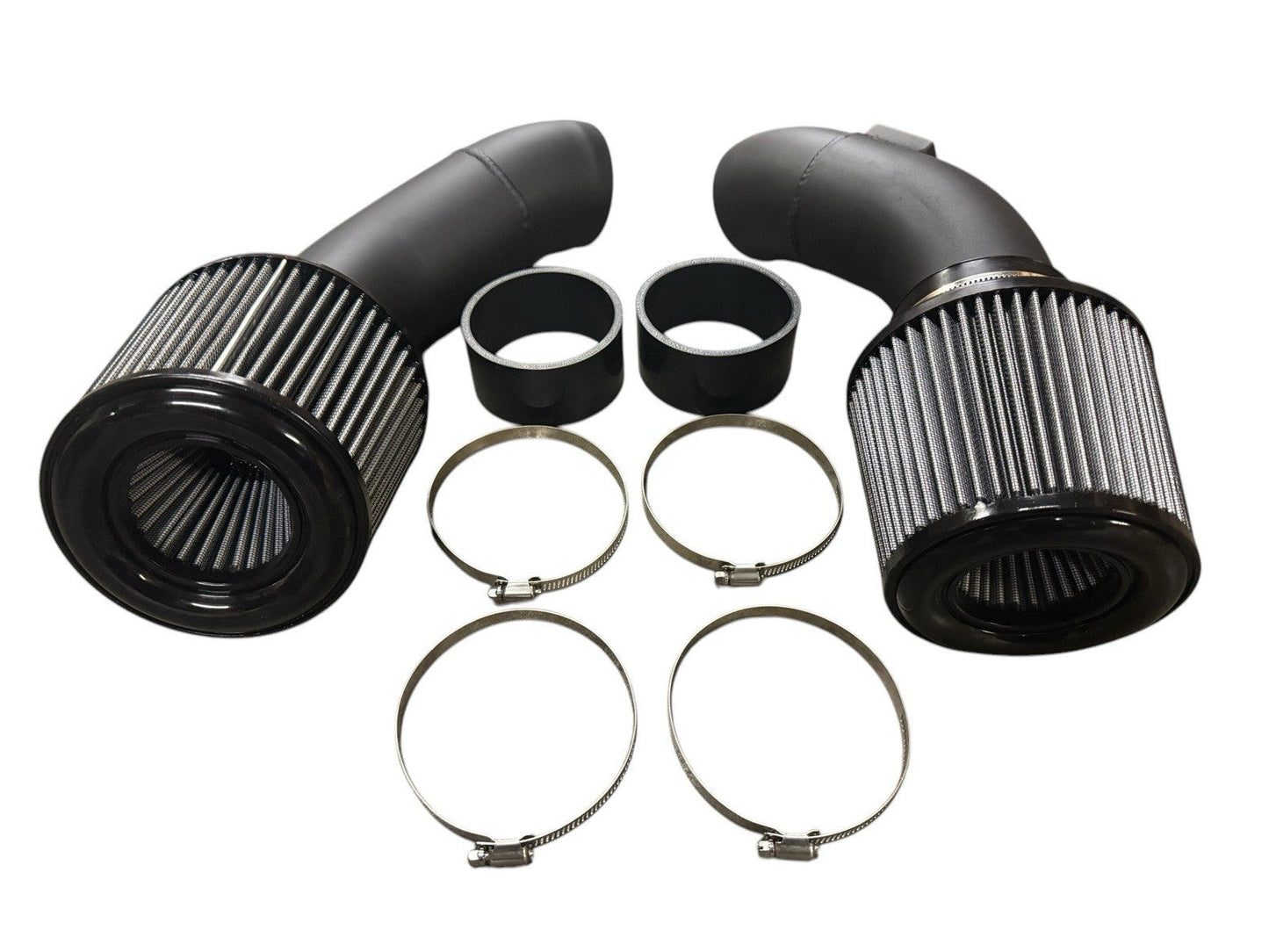 High flow cold air intake kit by JackSpania Racing for BMW F10 M5, F12 F13 F06 M6 with S63TU engine, close-up view of intake components
