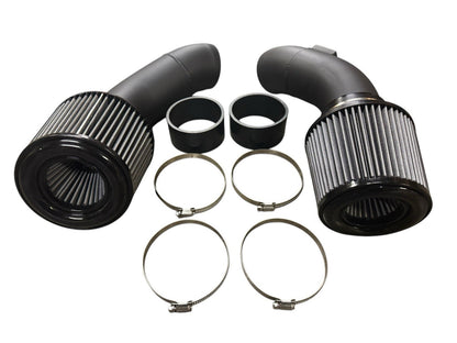 High flow cold air intake kit by JackSpania Racing for BMW F10 M5, F12 F13 F06 M6 with S63TU engine, close-up view of intake components