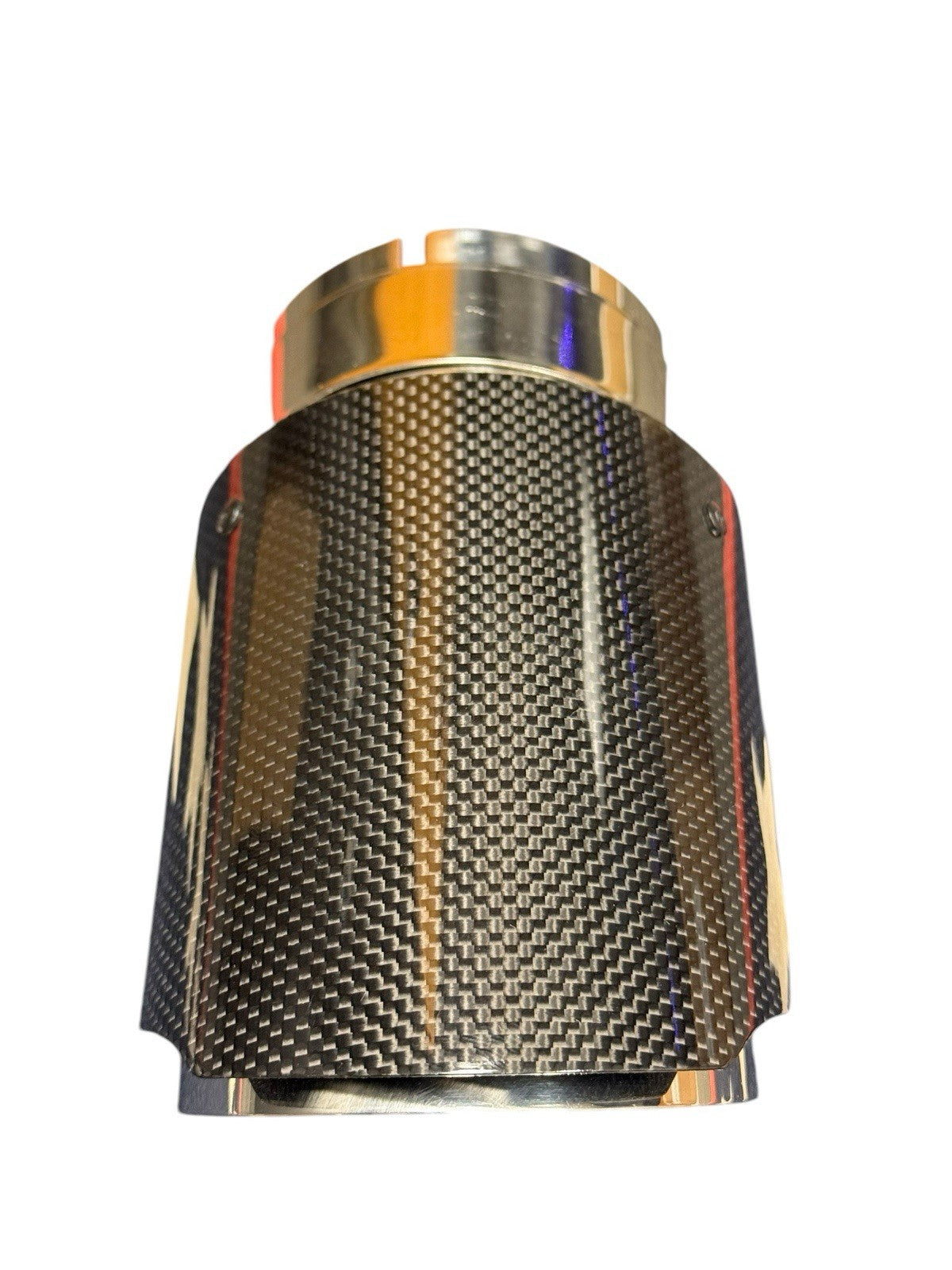 Universal 3-inch carbon fiber exhaust pipe tip by JackSpania Racing, showcasing sleek black finish and polished end for vehicle tailpipe.