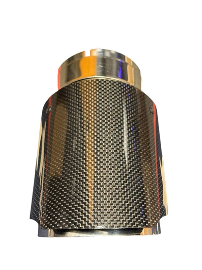 Universal 3-inch carbon fiber exhaust pipe tip by JackSpania Racing, showcasing sleek black finish and polished end for vehicle tailpipe.