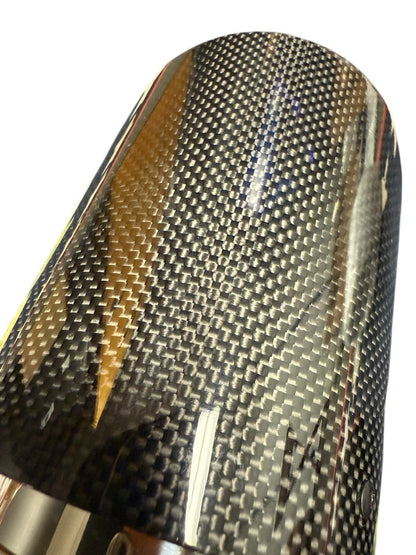 Black carbon fiber exhaust pipe tip, 3-inch universal tailpipe, compatible with various exhaust systems, from JackSpania Racing.