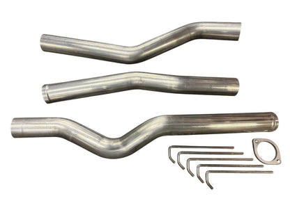 High flow 3-inch mandrel bent exhaust piping for Acura RSX 02-06 by JackSpania Racing, showing smooth curves and polished metal finish.
