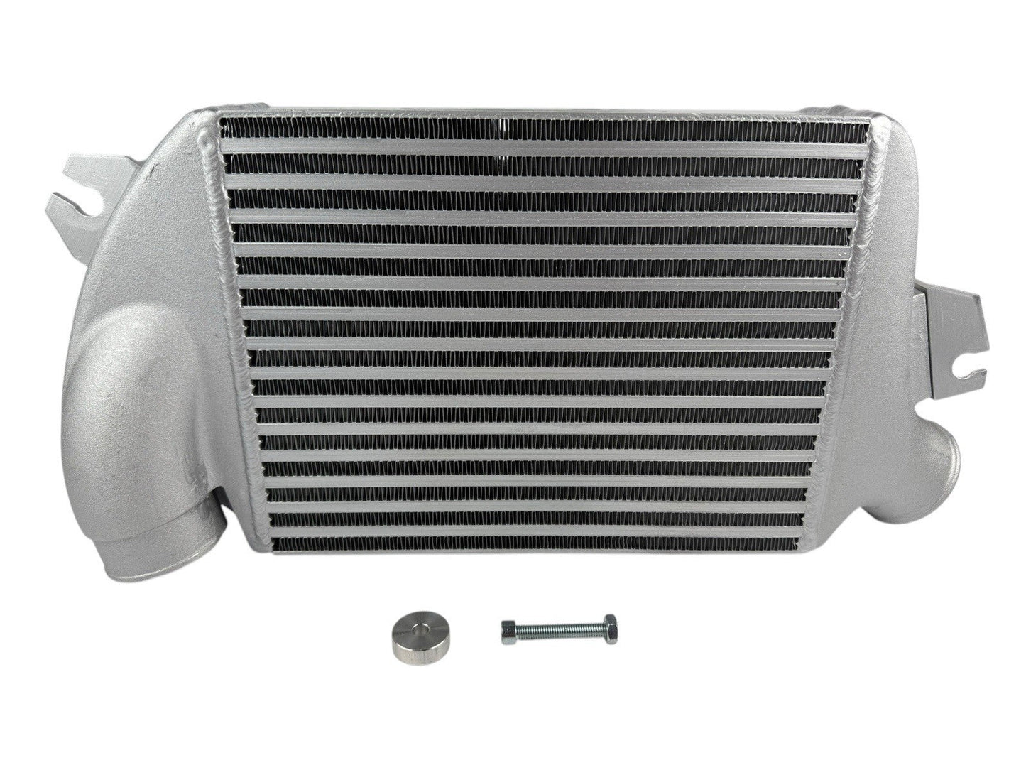 Top mount intercooler for Subaru WRX, Legacy GT, and Forester 2.0L Turbo by JackSpania Racing, shown installed in engine bay.