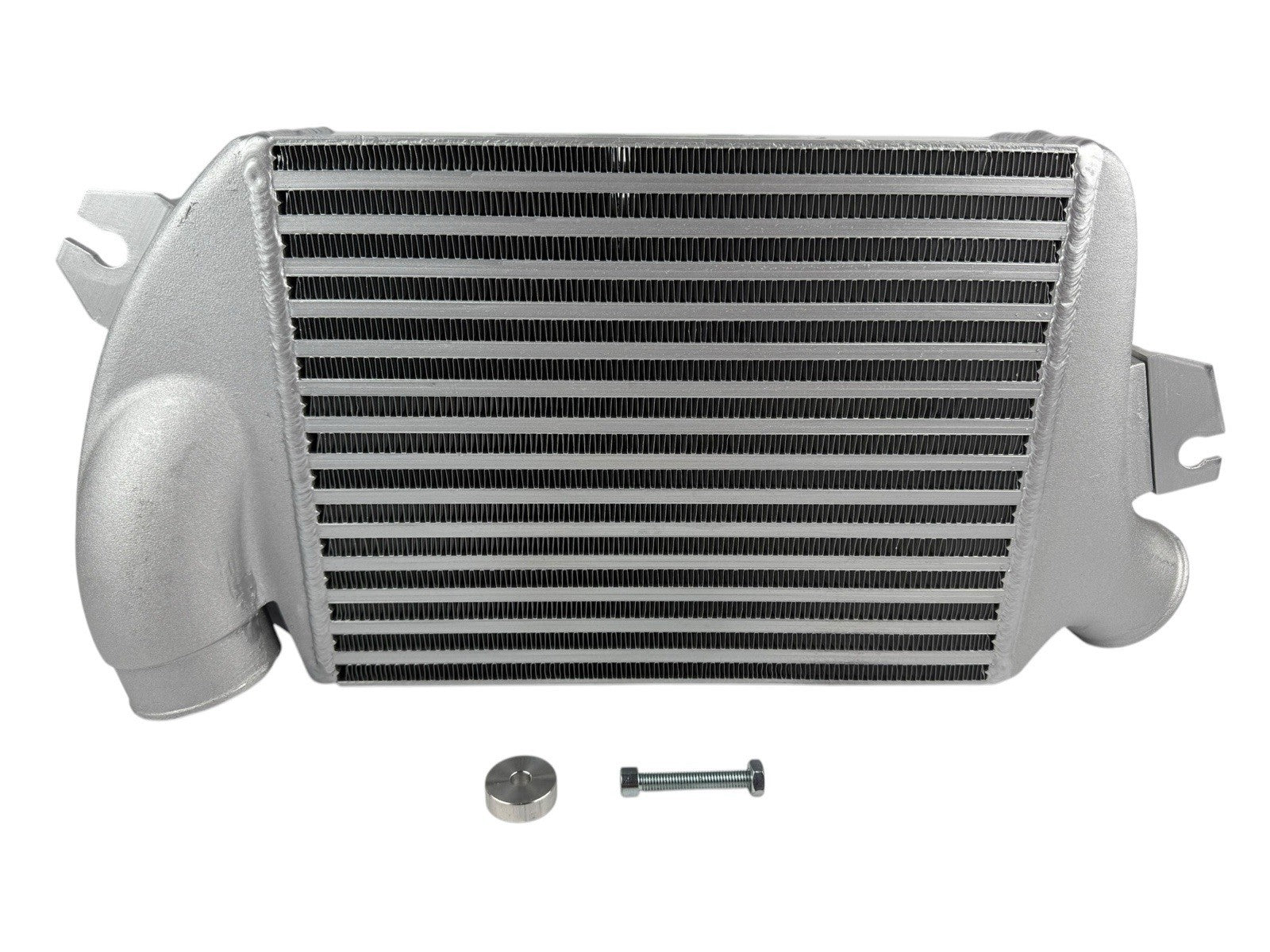 Top mount intercooler for Subaru WRX, Legacy GT, and Forester 2.0L Turbo by JackSpania Racing, shown installed in engine bay.
