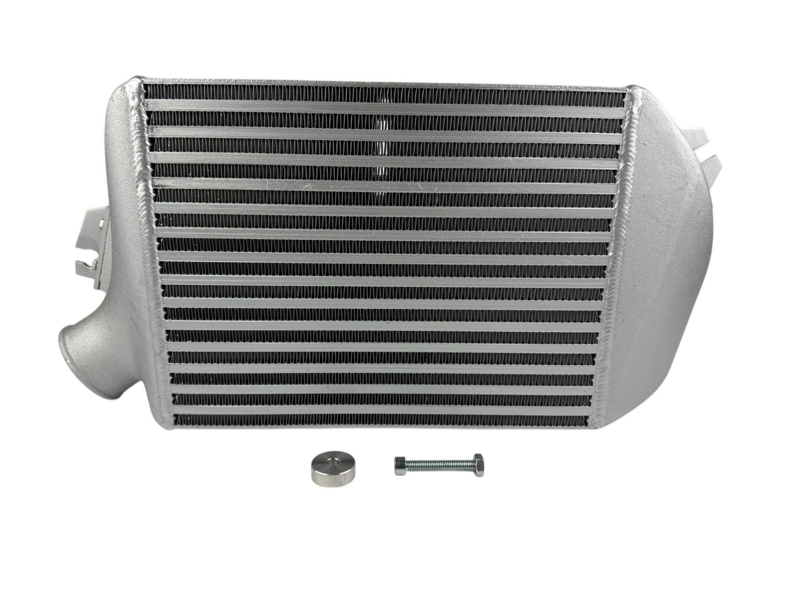 JackSpania Racing top mount intercooler for Subaru WRX, Legacy GT, and Forester 2.0L Turbo engine parts, shown installed on engine.