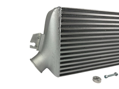 Top mount intercooler for Subaru WRX, Legacy GT, and Forester 2.0L Turbo by JackSpania Racing, shown installed in engine bay.