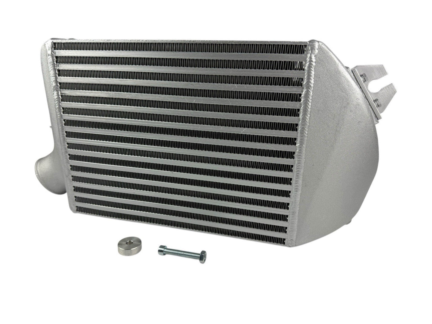 Top mount intercooler for Subaru WRX, Legacy GT, and Forester 2.0L Turbo by JackSpania Racing, showing the polished core and mounting brackets.