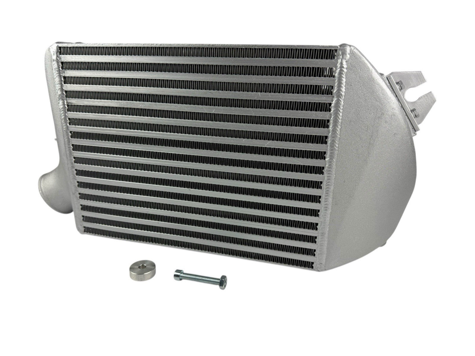 Top mount intercooler for Subaru WRX, Legacy GT, and Forester 2.0L Turbo by JackSpania Racing, showing the polished core and mounting brackets.